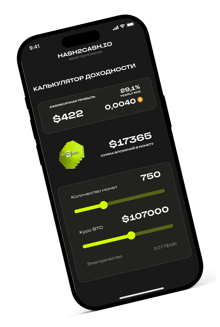 Скриншот экрана калькулятора расчёта монет Hash2Cash