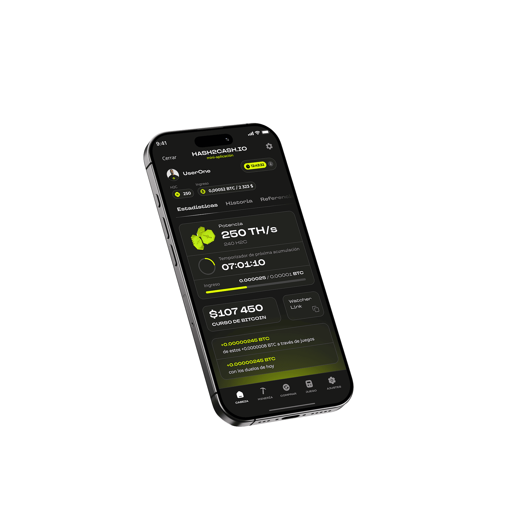 Captura de pantalla de la app Hash2Cash